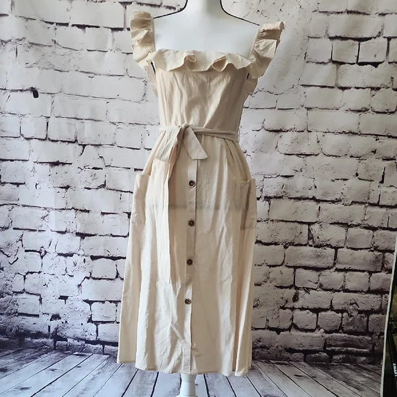 CupShe Beige Smocked Ruffle Midi Dress - Sz S belted dress - EUC! - Picture 4 of 13